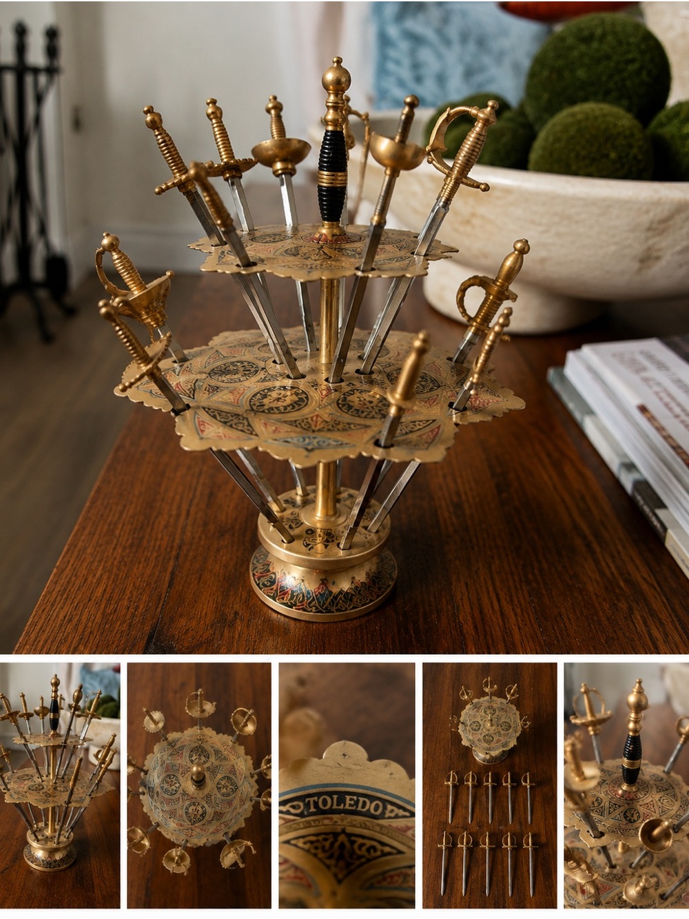 Vintage Toledo Spain Cocktail Sword Picks-13 Pc Set W/Stand